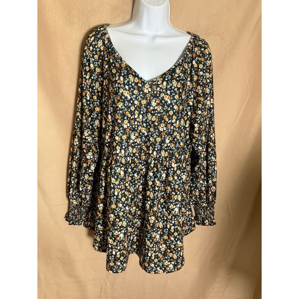 LOMON Tunic Top Womens 2XL Black Floral NWT Babydoll V-Neck Smocked Long Sleeve